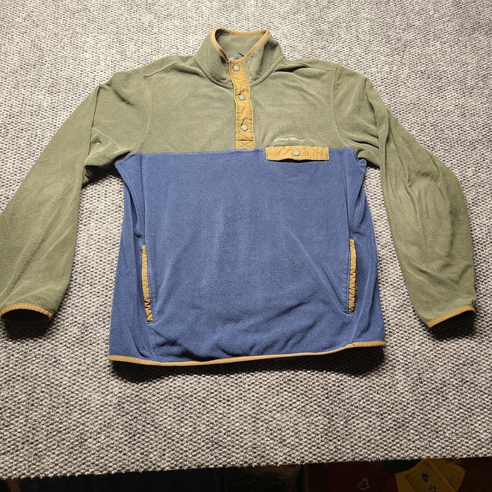Eddie Bauer Quest Fleece Sweater Mens Medium Green Blue Snap Mock Neck Pullover